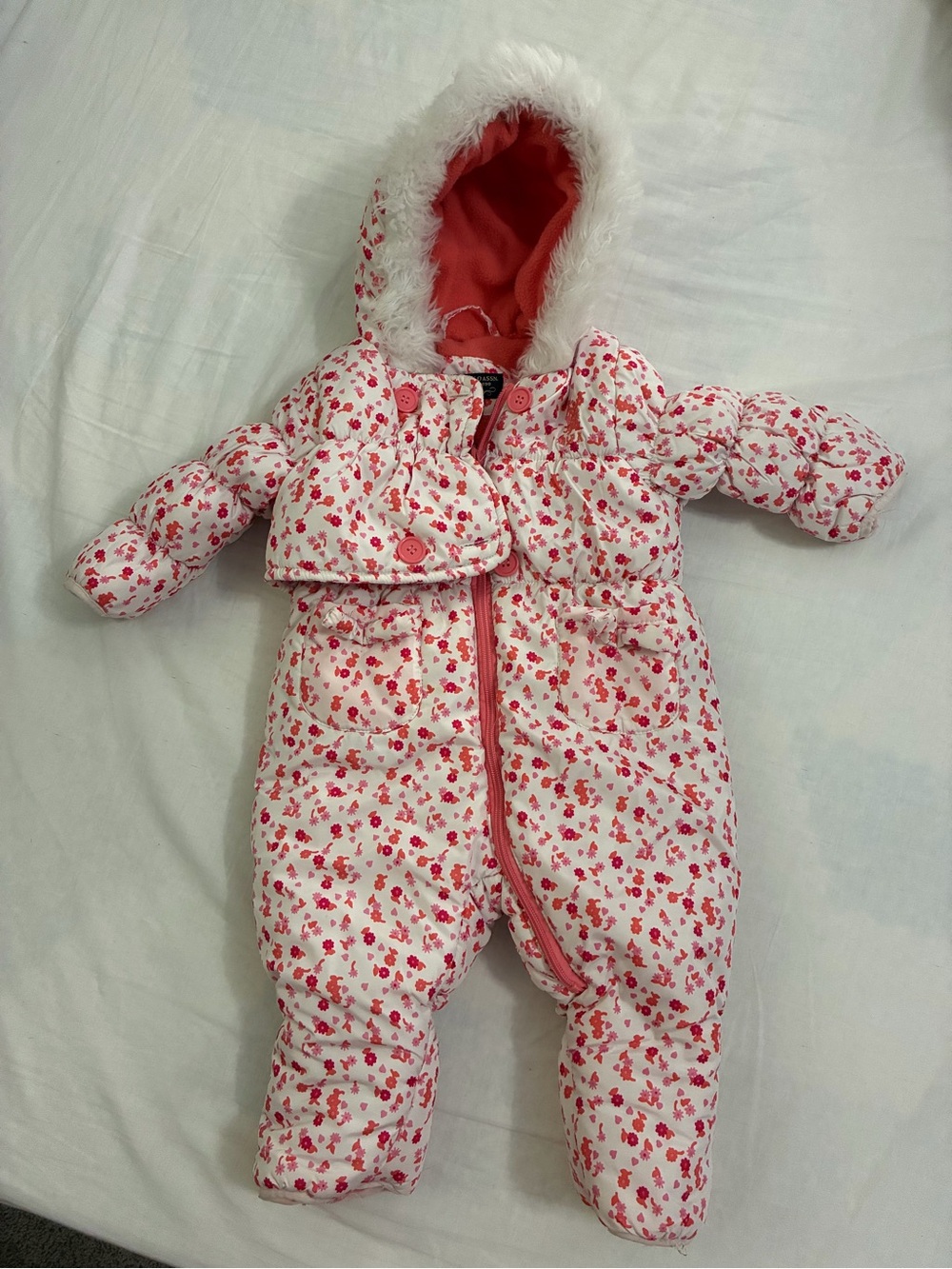 U.S. Polo Assn. Pink and White Floral Puffer One-Piece Snowsuit with Hood